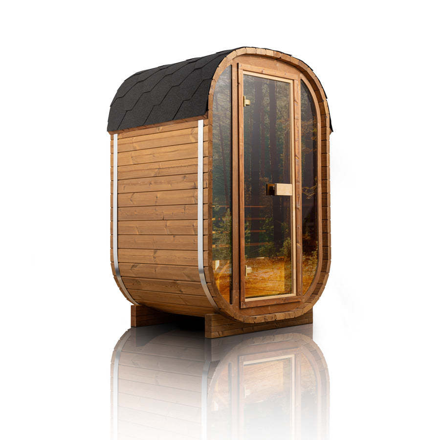 Auris One outdoor cedar sauna, three quarter view with shingled roof and glass door