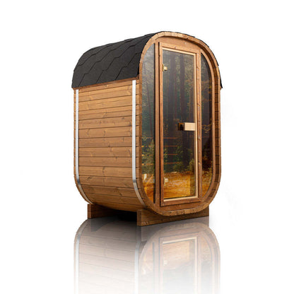 Auris One outdoor cedar sauna, three quarter view with shingled roof and glass door