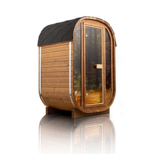 Auris One outdoor cedar sauna, three quarter view with shingled roof and glass door
