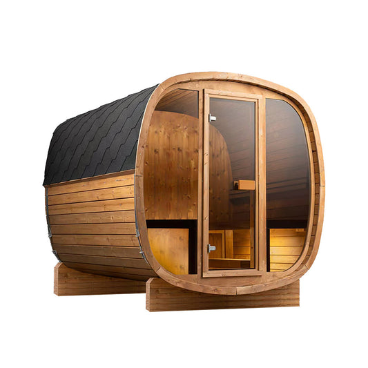 Auris Two outdoor cedar sauna, three quarter view with shingled roof
