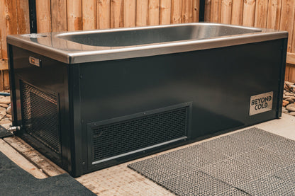 Summit all-in-one cold plunge installed outdoors, three quarter view