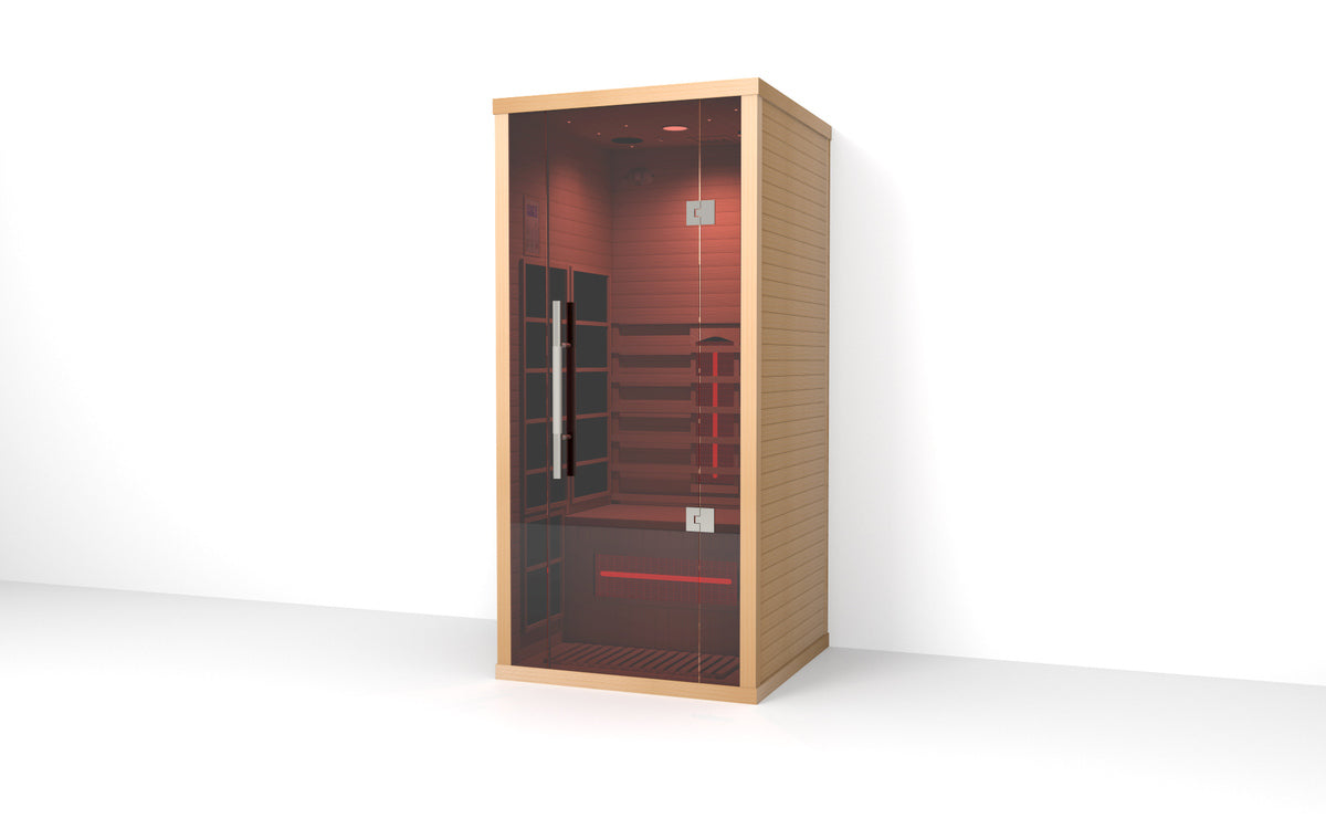 Lumin One infrared sauna, three quarter view from the right