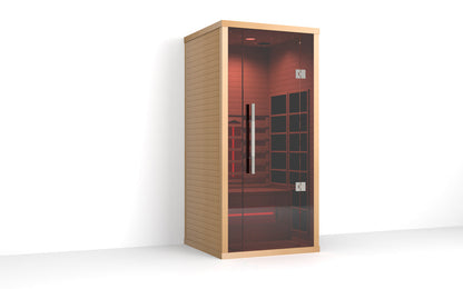 Lumin One infrared sauna, three quarter view from the left
