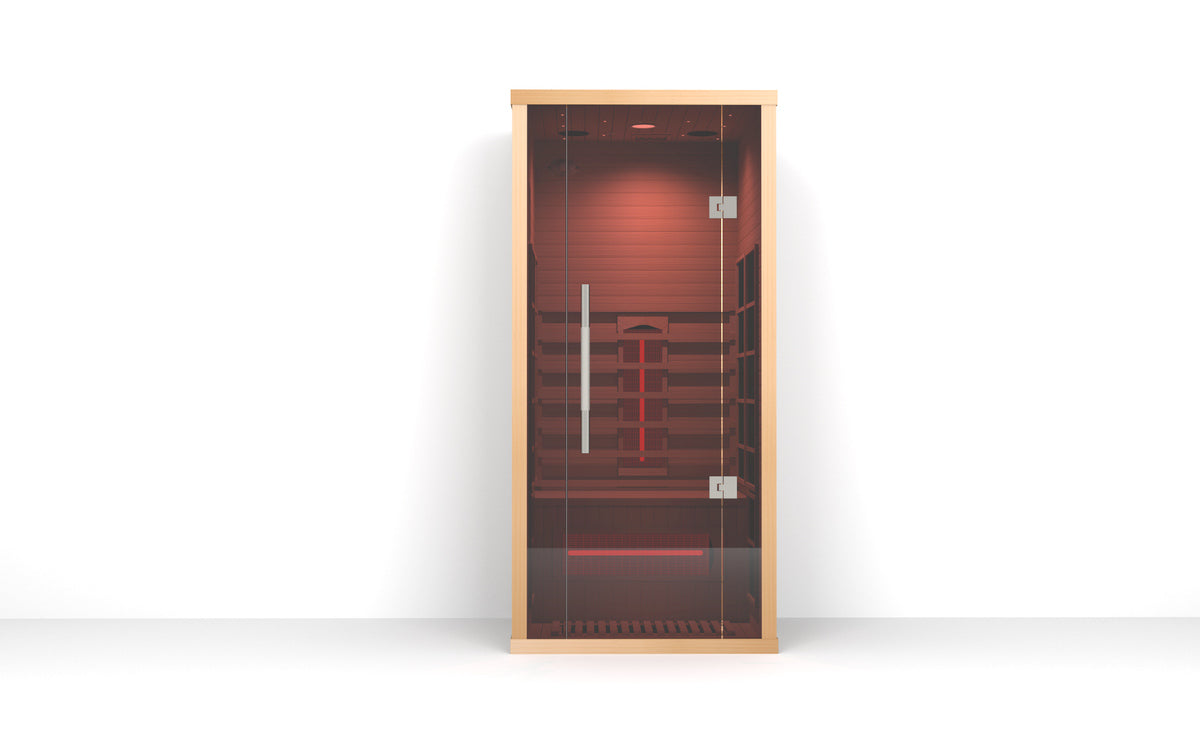 Lumin One infrared sauna, front view showing the cabin and bench