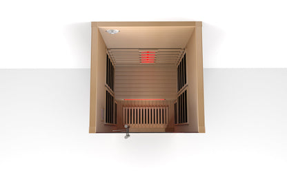 Lumin One infrared sauna, top down view into the cabin showing bench and heaters