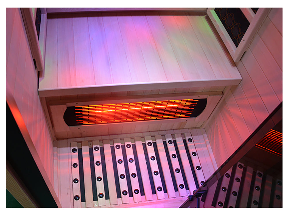 Lumin One infrared sauna, interior detail of an infrared heater element and bench lighting