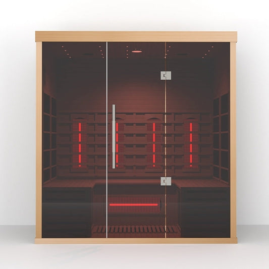 Lumin Three infrared sauna, front elevation of the three person cabin with twin glass doors