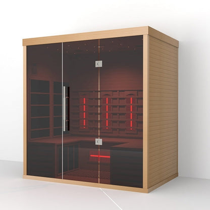 Lumin Three infrared sauna, three quarter view from the left showing the hemlock side