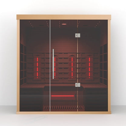 Lumin Three infrared sauna, front elevation showing the full bench width