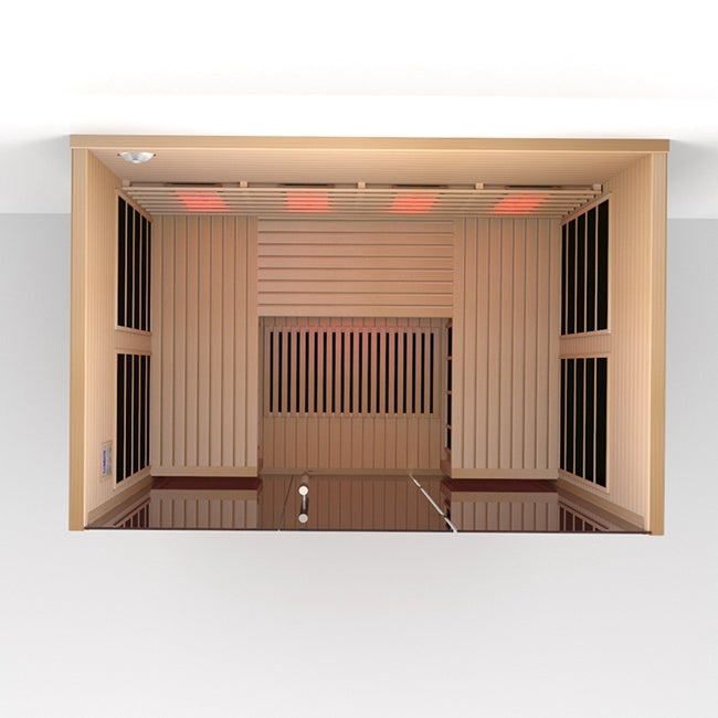 Lumin Three infrared sauna, top down view showing the bench and ceiling heaters