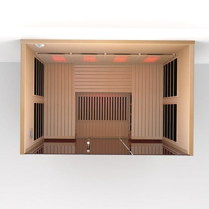 Lumin Three infrared sauna, top down view showing the bench and ceiling heaters