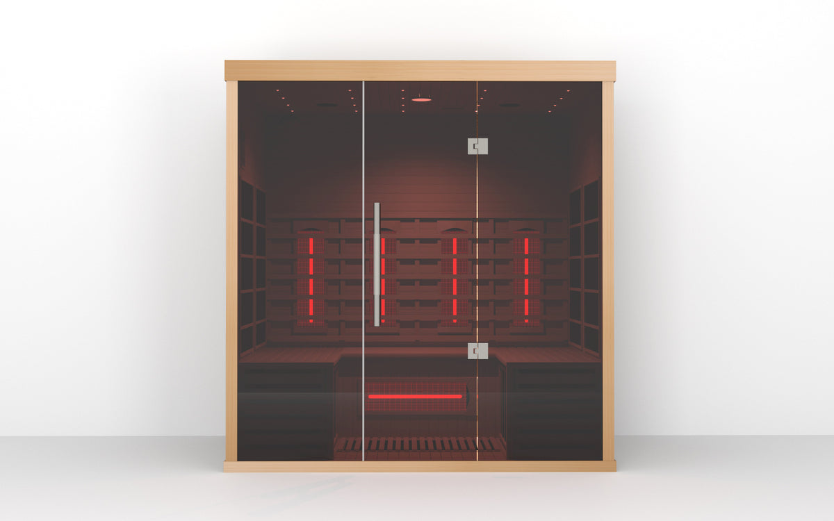 Lumin Three infrared sauna, front view of the complete cabin