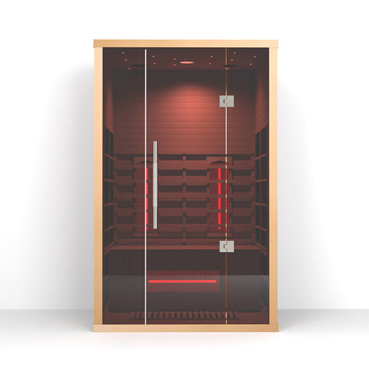Lumin Two infrared sauna, front elevation with twin glass doors and infrared panels lit