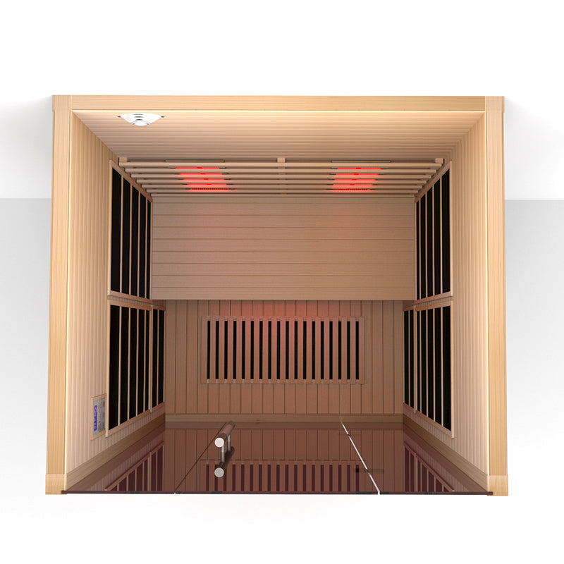 Lumin Two infrared sauna, top down view showing the bench and ceiling heaters