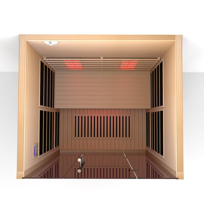 Lumin Two infrared sauna, top down view showing the bench and ceiling heaters