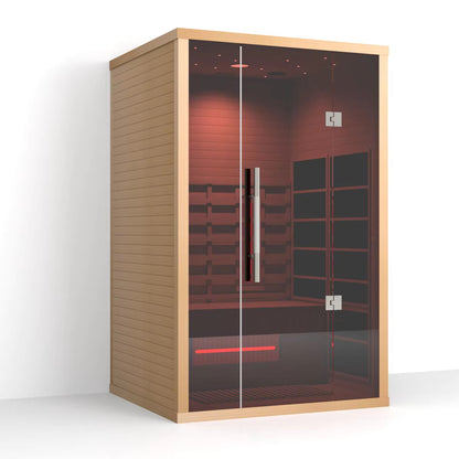 Lumin Two infrared sauna, three quarter view from the left showing the hemlock side panel