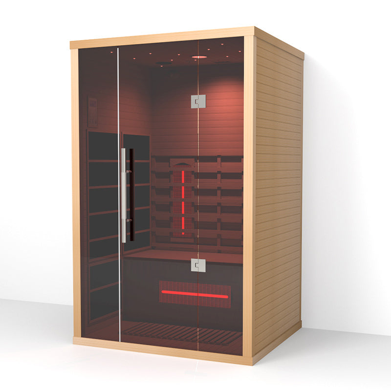 Lumin Two infrared sauna, corner view with both glass doors