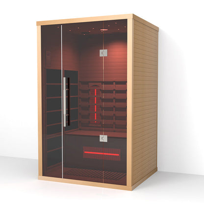 Lumin Two infrared sauna, corner view with both glass doors