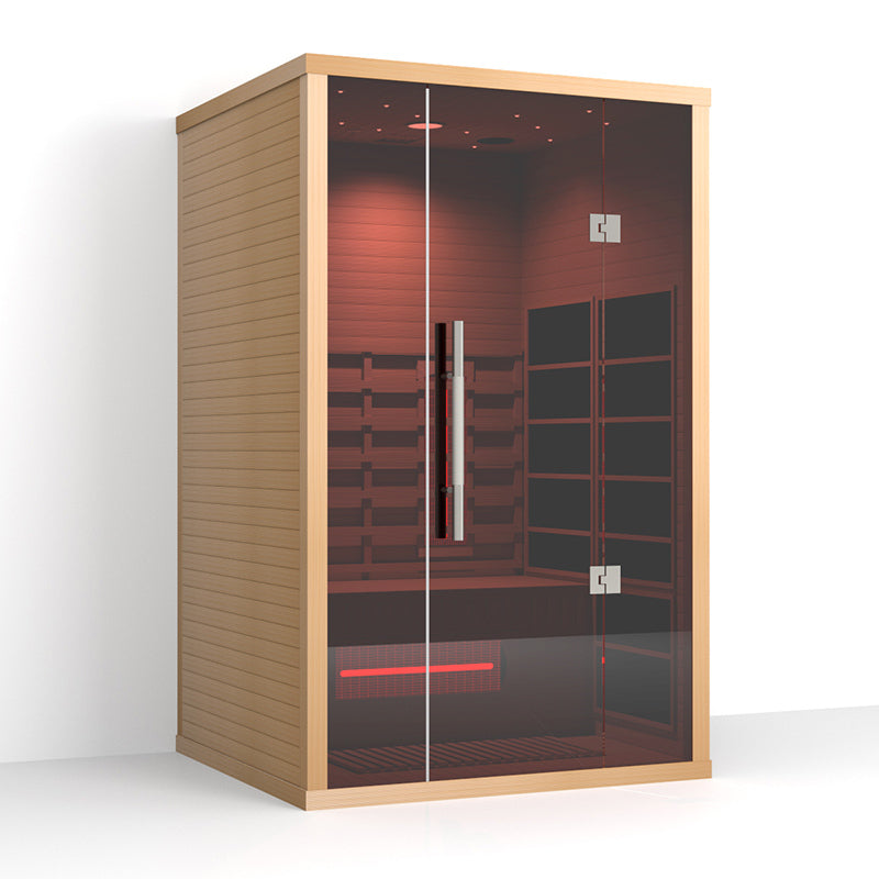 Lumin Two infrared sauna, three quarter view from the right showing the side panel