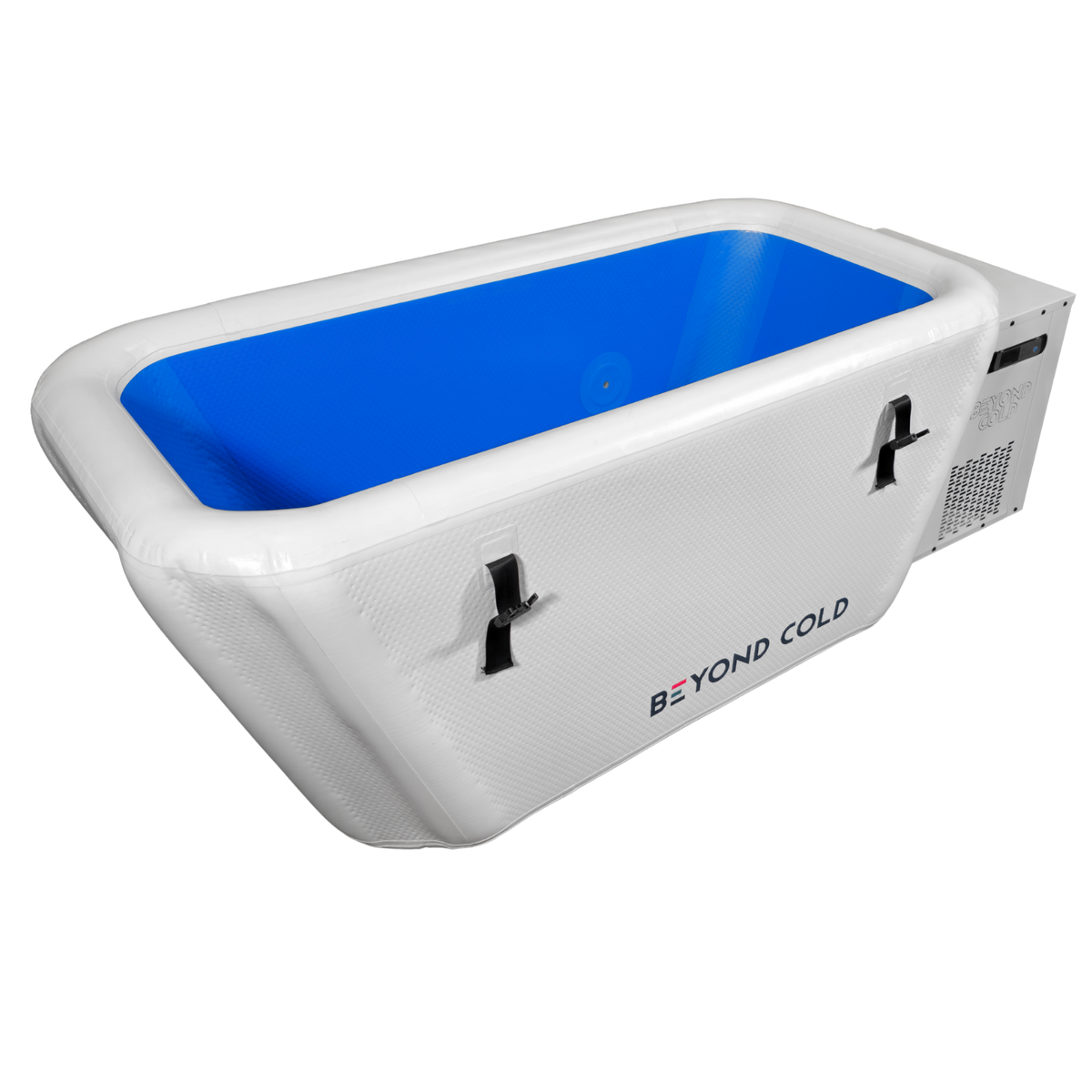 Journey inflatable cold plunge with blue liner and external Beyond Cold chiller attached