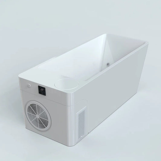 Orivon Frost cold plunge, three quarter view showing the integrated chiller housing