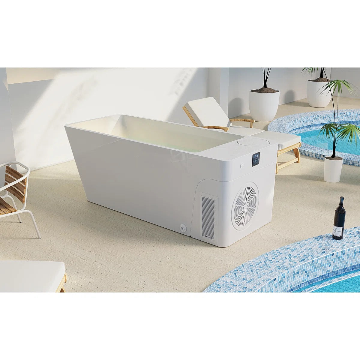 Orivon Frost cold plunge installed beside an outdoor pool