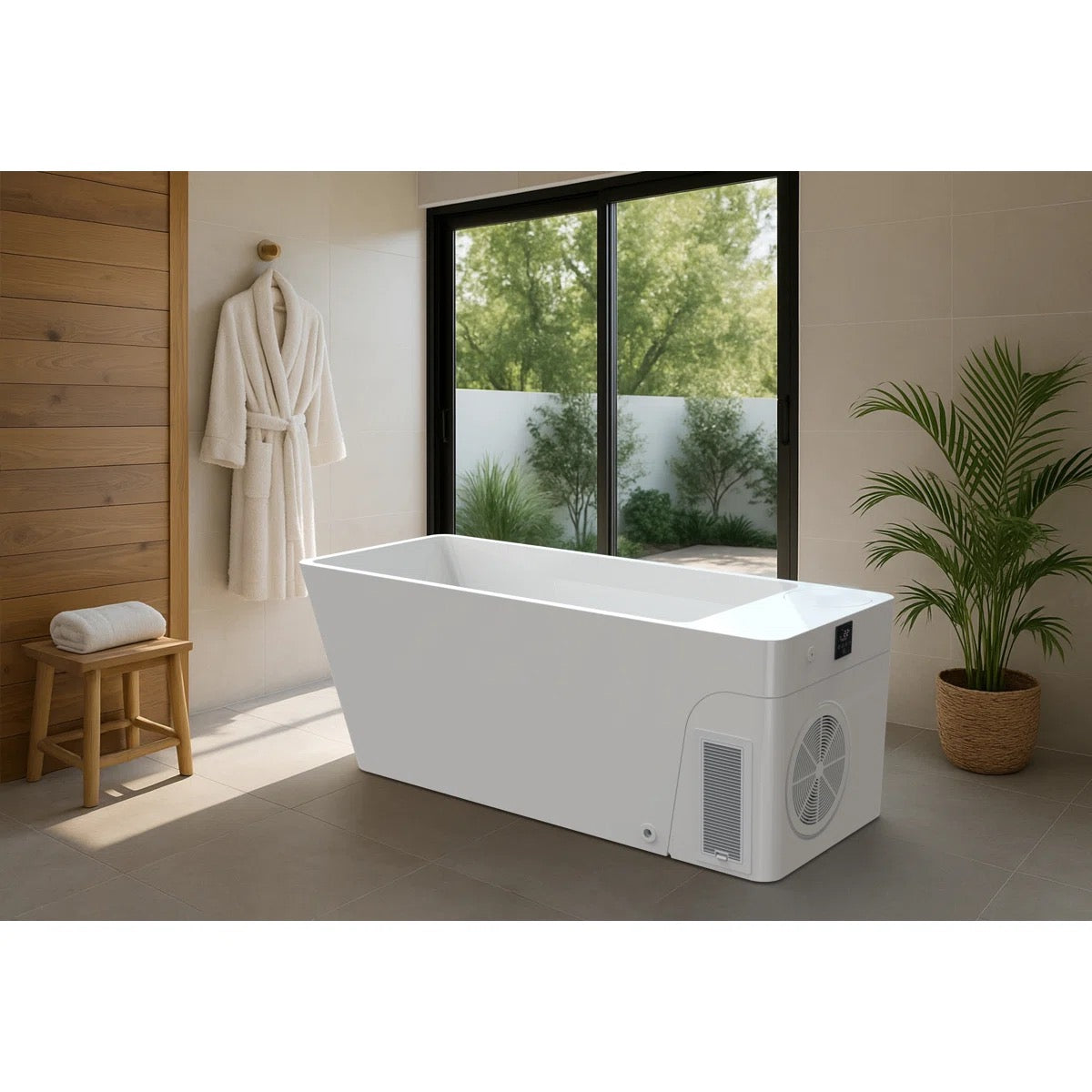 Orivon Frost cold plunge installed in a room with a garden view