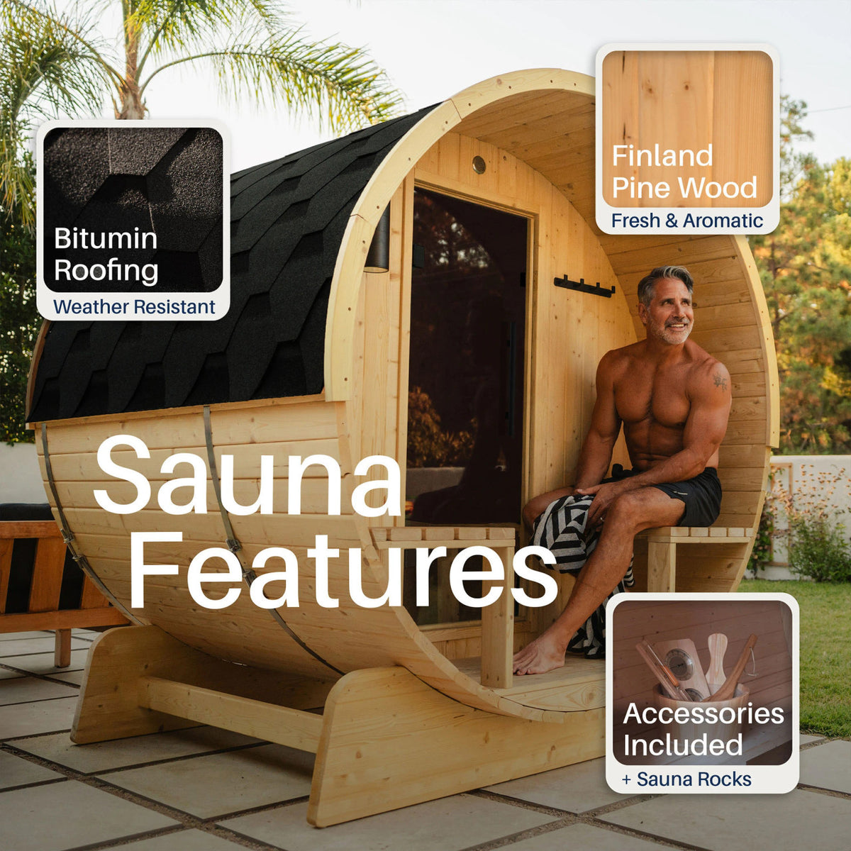 Anémona White Finland Pine Barrel Sauna with Front Porch Canopy - 2-4 Person