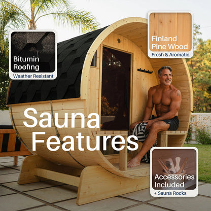 Anémona White Finland Pine Barrel Sauna with Front Porch Canopy - 2-4 Person