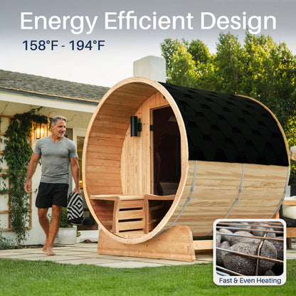 Liatris Rustic Cedar Barrel Sauna with Front Porch Canopy - 5-6 Person
