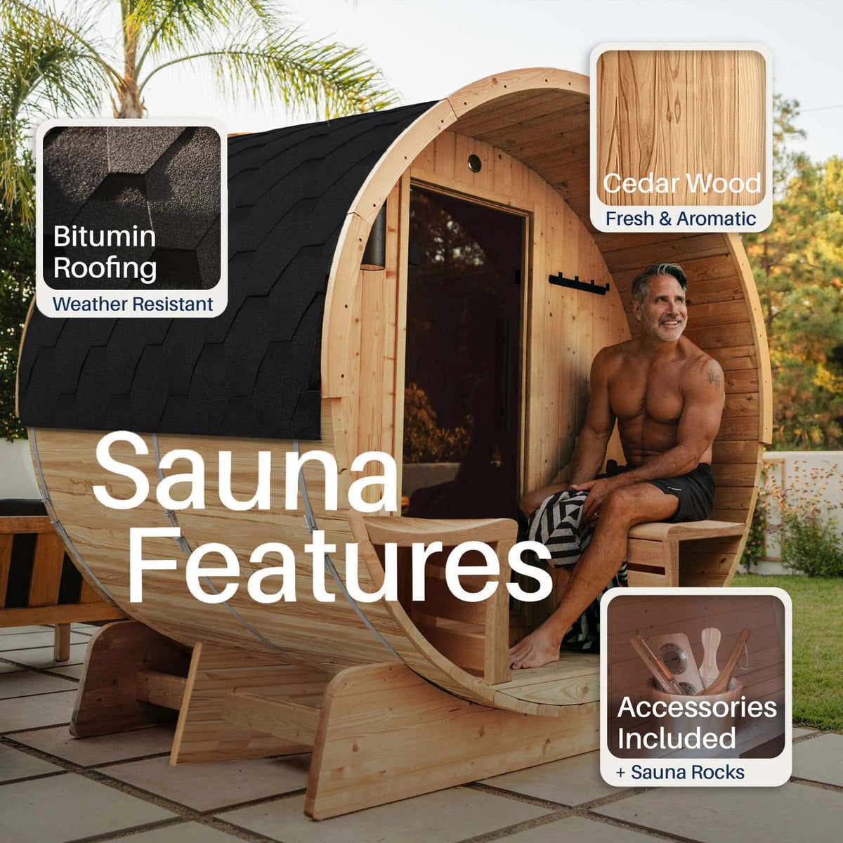 Liatris Rustic Cedar Barrel Sauna with Front Porch Canopy - 5-6 Person