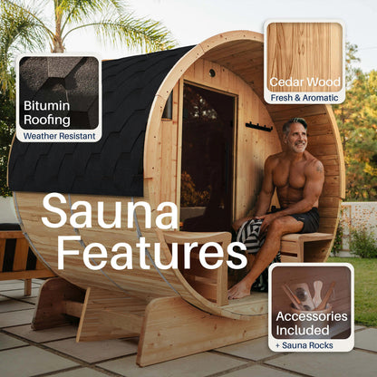 Liatris Rustic Cedar Barrel Sauna with Front Porch Canopy - 5-6 Person