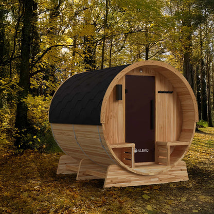 Liatris Rustic Cedar Barrel Sauna with Front Porch Canopy - 5-6 Person