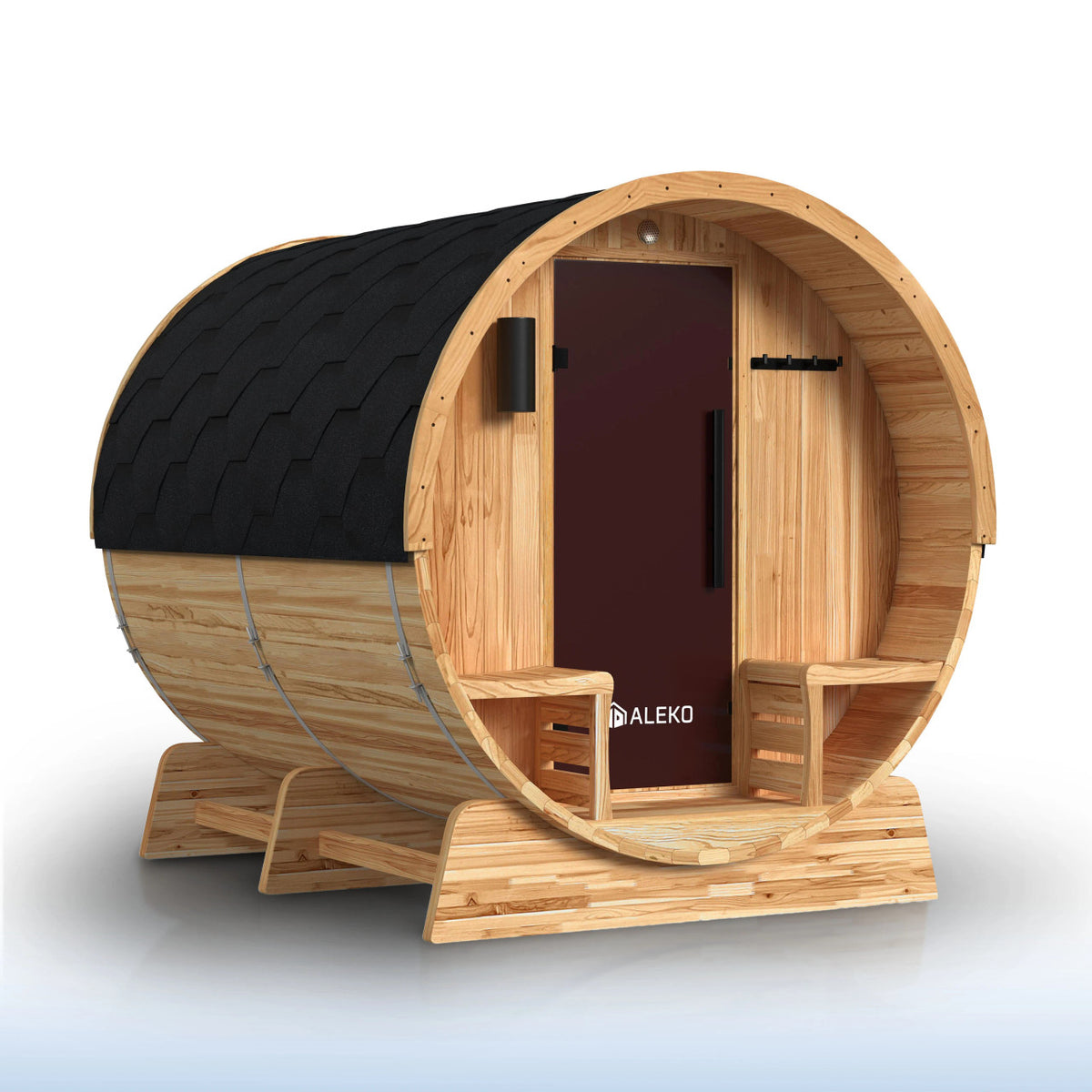 Liatris Rustic Cedar Barrel Sauna with Front Porch Canopy - 5-6 Person