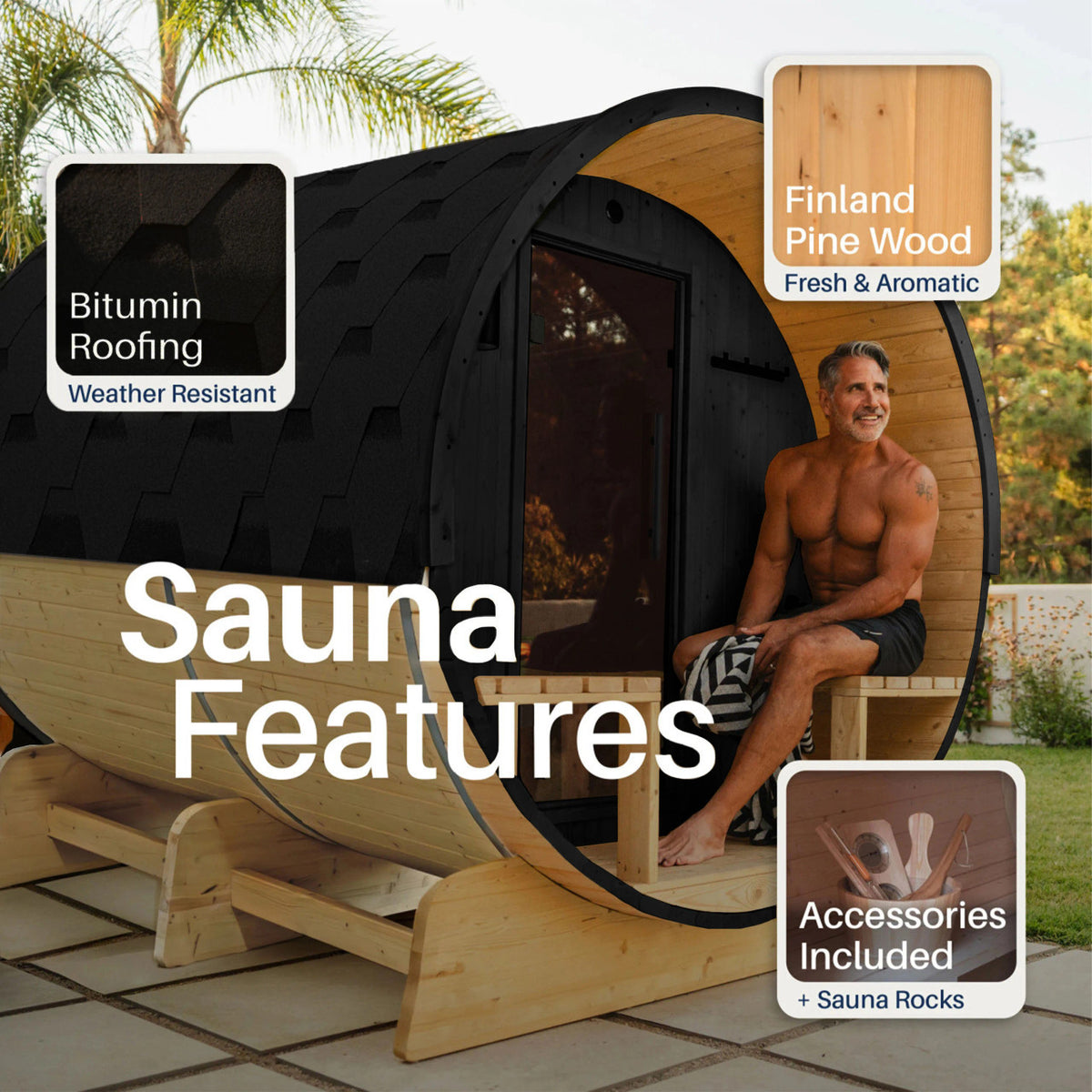 Anémona White Finland Pine Barrel Sauna with Front Porch Canopy & Black Accents – 6-8 People