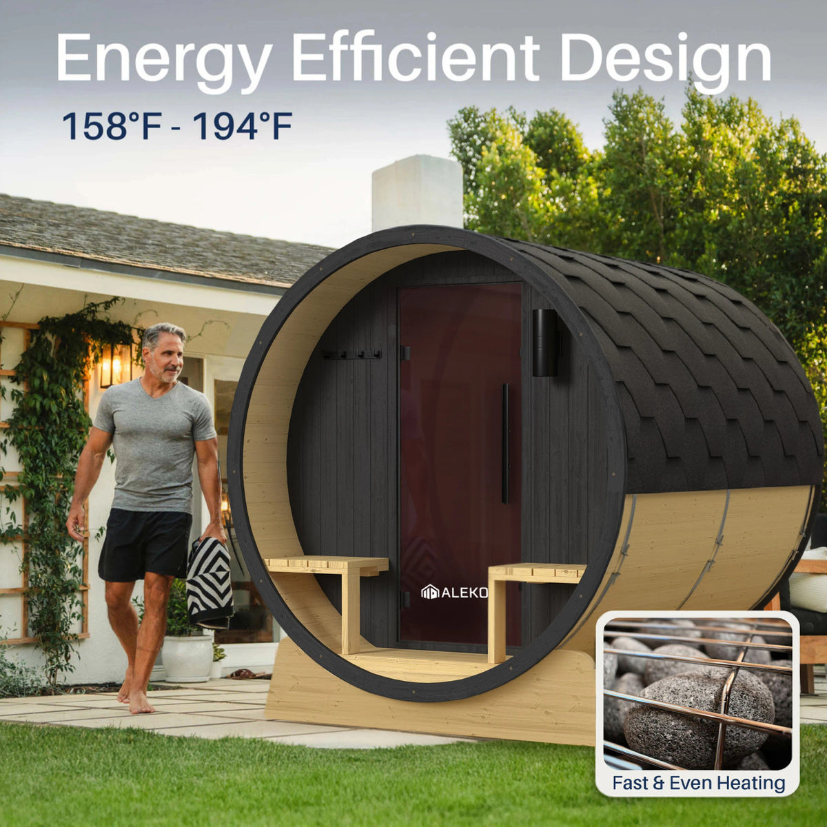 Anémona White Finland Pine Barrel Sauna with Front Porch Canopy & Black Accents – 6-8 People