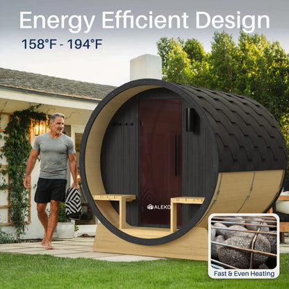 Anémona White Finland Pine Barrel Sauna with Front Porch Canopy & Black Accents – 6-8 People