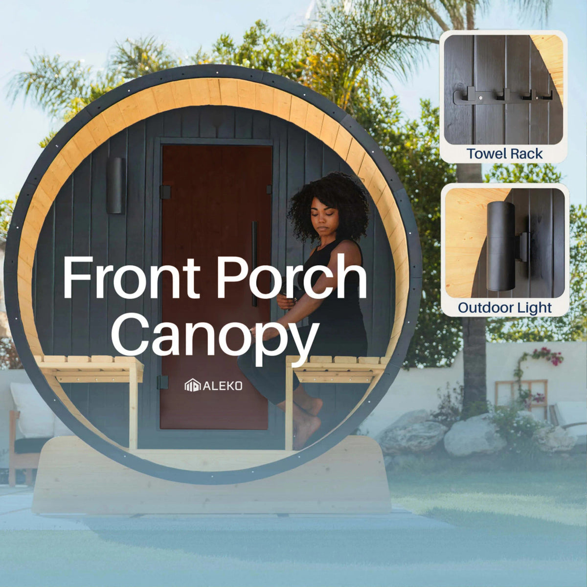 Anémona White Finland Pine Barrel Sauna with Front Porch Canopy & Black Accents – 6-8 People
