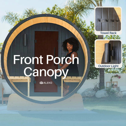 Anémona White Finland Pine Barrel Sauna with Front Porch Canopy & Black Accents – 6-8 People