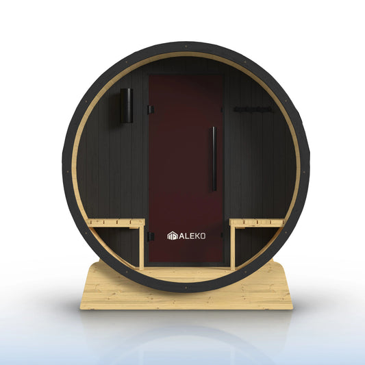 Anémona White Finland Pine Barrel Sauna with Front Porch Canopy & Black Accents – 6-8 People