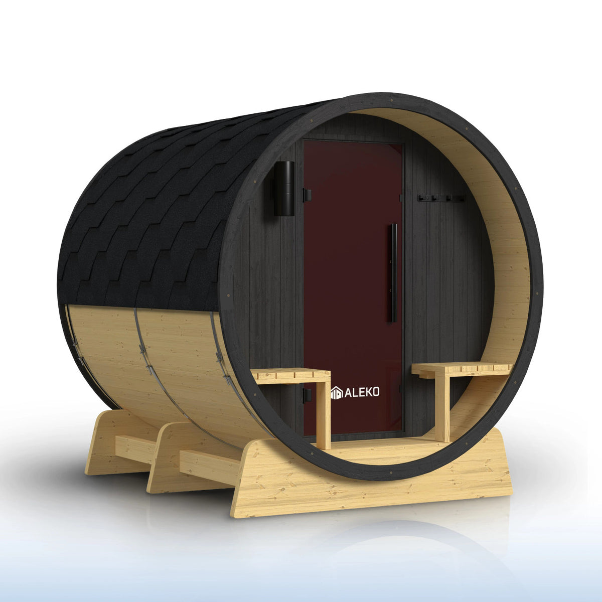 Anémona White Finland Pine Barrel Sauna with Front Porch Canopy & Black Accents – 6-8 People
