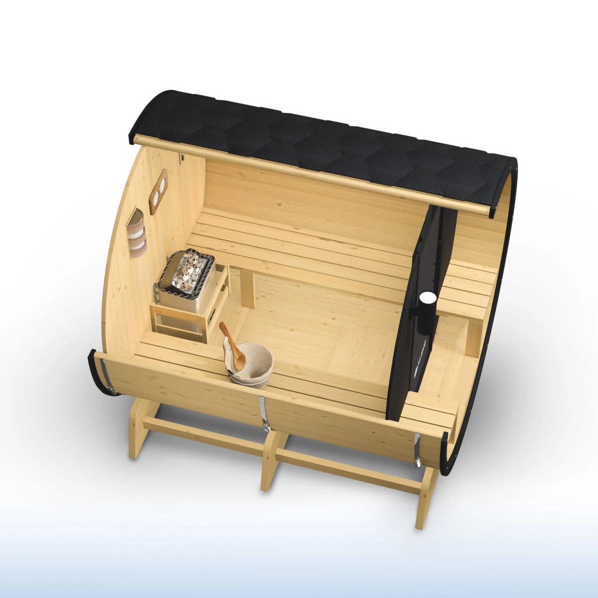 Anémona White Finland Pine Barrel Sauna with Front Porch Canopy & Black Accents – 6-8 People