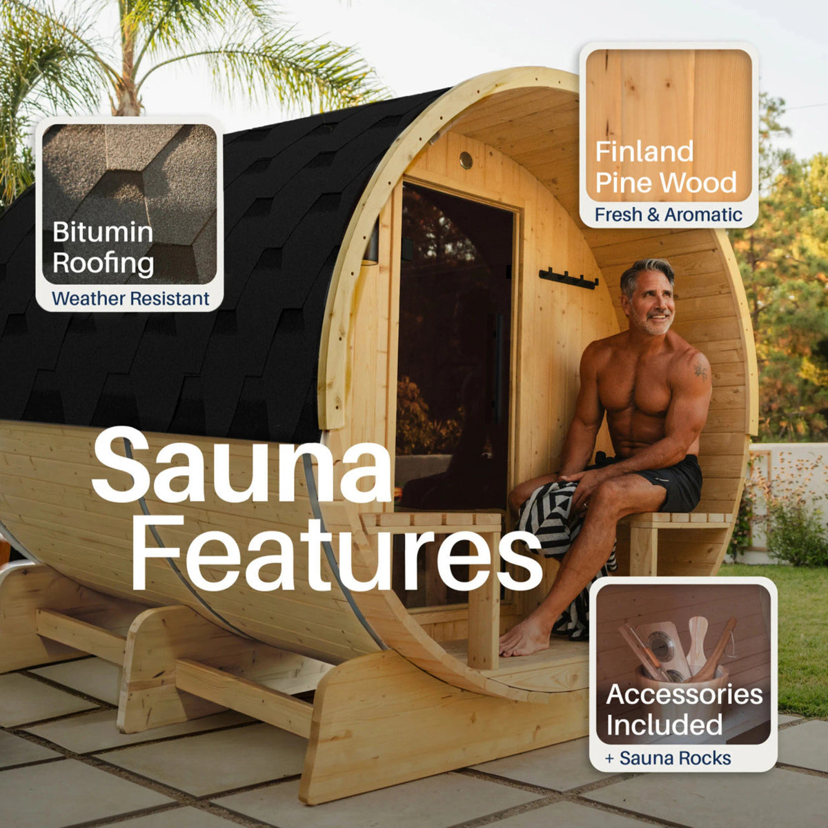 Anémona White Finland Pine Barrel Sauna with Front Porch Canopy – 6-8 People