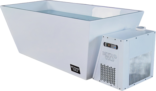 Pursuit acrylic cold plunge with its external Beyond Cold chiller alongside