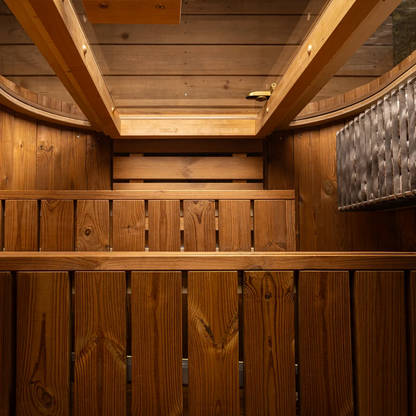 Auris One outdoor cedar sauna, interior with benches and backrest
