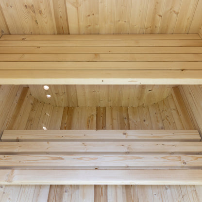 Auris One outdoor cedar sauna, upper and lower bench detail