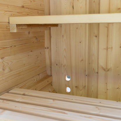 Auris One outdoor cedar sauna, bench and wall lighting detail
