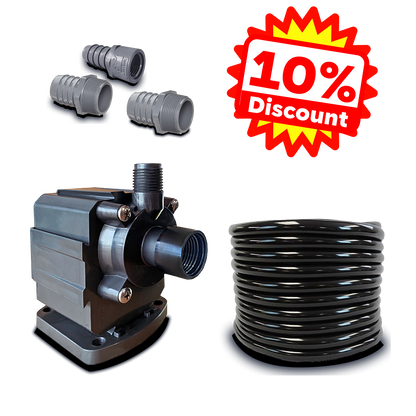 Water chiller setup package contents: pump, barbed adapter fittings and vinyl tubing