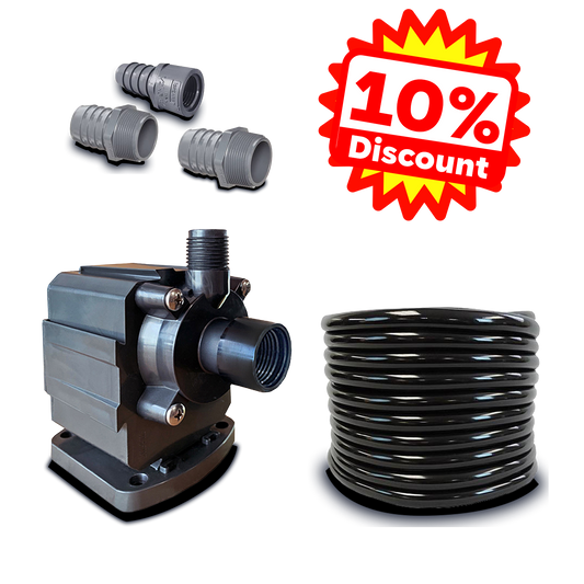 Water chiller setup package contents: pump, barbed adapter fittings and vinyl tubing