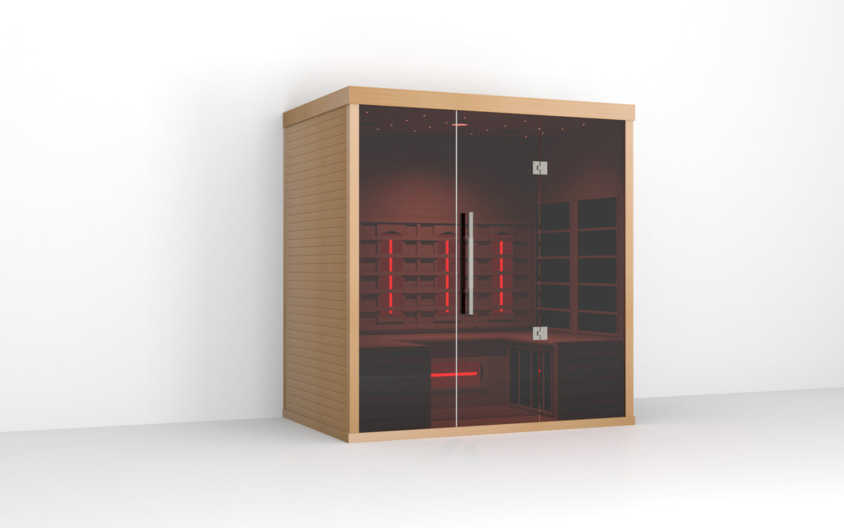 Lumin Three infrared sauna, three quarter view from the right, cabin fully lit
